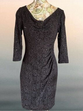 Ralph Lauren Black Lace Sequin Sheath Midi Formal Dress 3/4 Sleeve 8 P